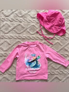 Girls 12M Pink Swimming Bundle - Long Sleeve Rash Guard & Sun Protection Hat